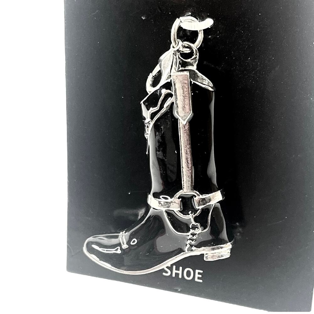 Western Boot Purse Charm LG 3" Metal Clip On Key Ring Purse Fob Black Silver New